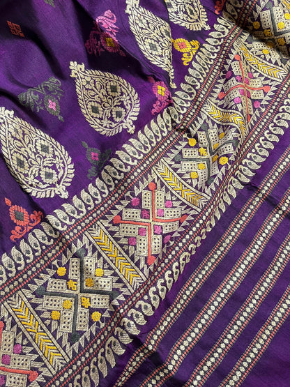 DARK PURPLE SILK PURE HANDLOOM ASSAMESE SAREE