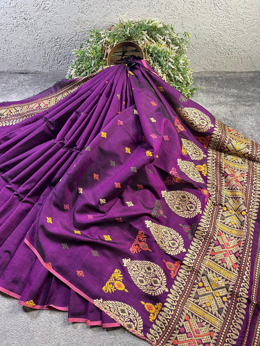 DARK PURPLE SILK PURE HANDLOOM ASSAMESE SAREE