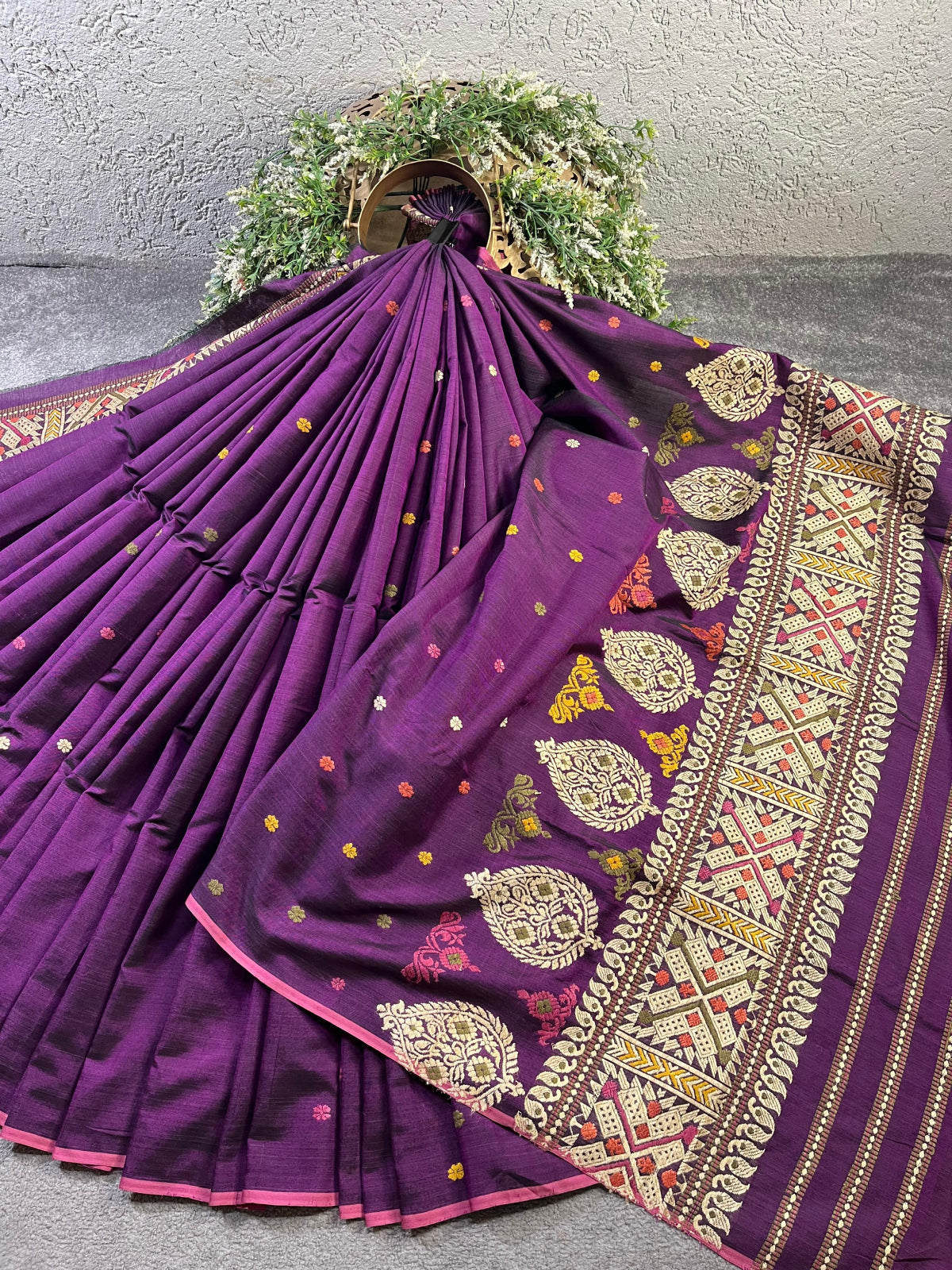 DARK PURPLE SILK PURE HANDLOOM ASSAMESE SAREE