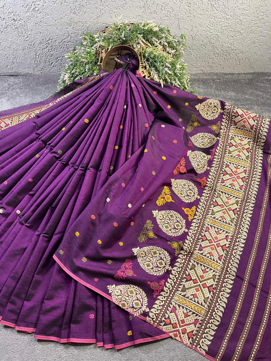 DARK PURPLE SILK PURE HANDLOOM ASSAMESE SAREE