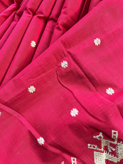 RED COTTON PURE HANDLOOM ASSAMESE SAREE