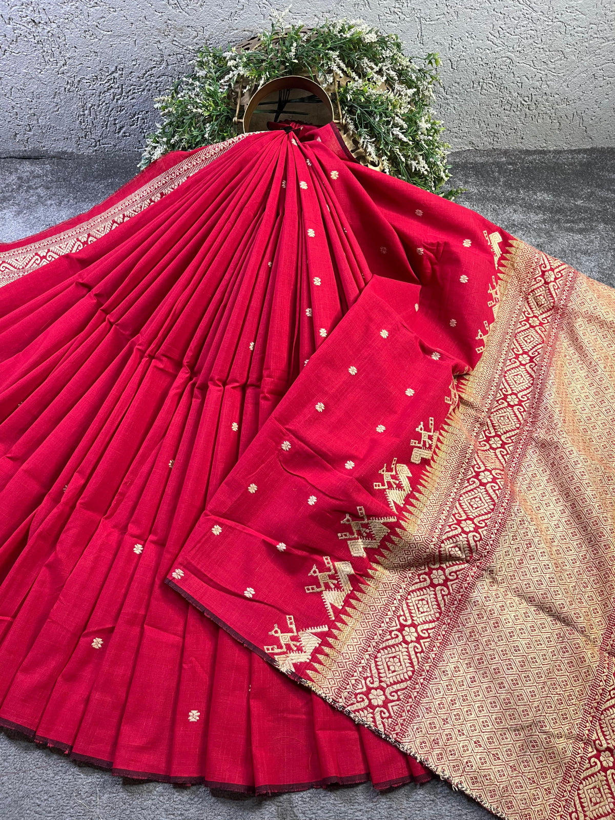 RED COTTON PURE HANDLOOM ASSAMESE SAREE
