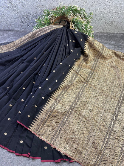 BLACK COTTON PURE HANDLOOM ASSAMESE  SAREE