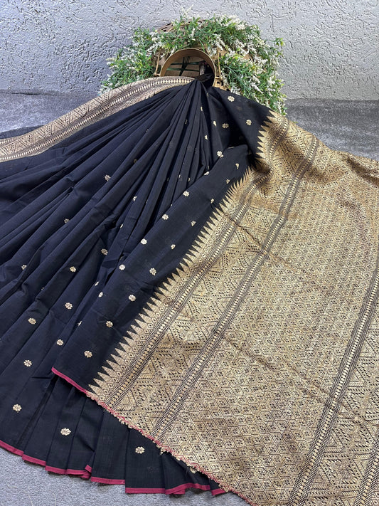 BLACK COTTON PURE HANDLOOM ASSAMESE  SAREE