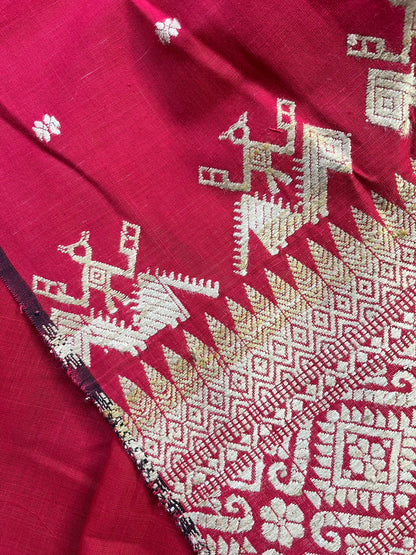 RED COTTON PURE HANDLOOM ASSAMESE SAREE