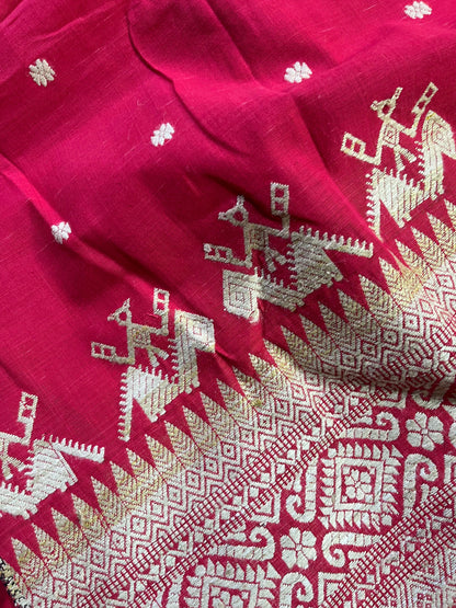RED COTTON PURE HANDLOOM ASSAMESE SAREE