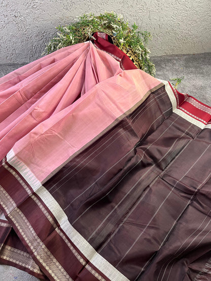 LIGHT MAUVE COTTON PURE HANDLOOM KANJIVARAM SAREE