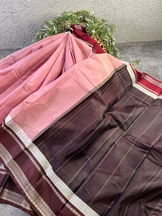 LIGHT MAUVE COTTON PURE HANDLOOM KANJIVARAM SAREE