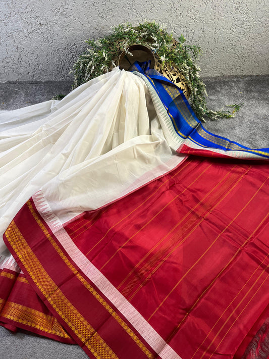 WHITE COTTON PURE HANDLOOM KANJIVARAM SAREE