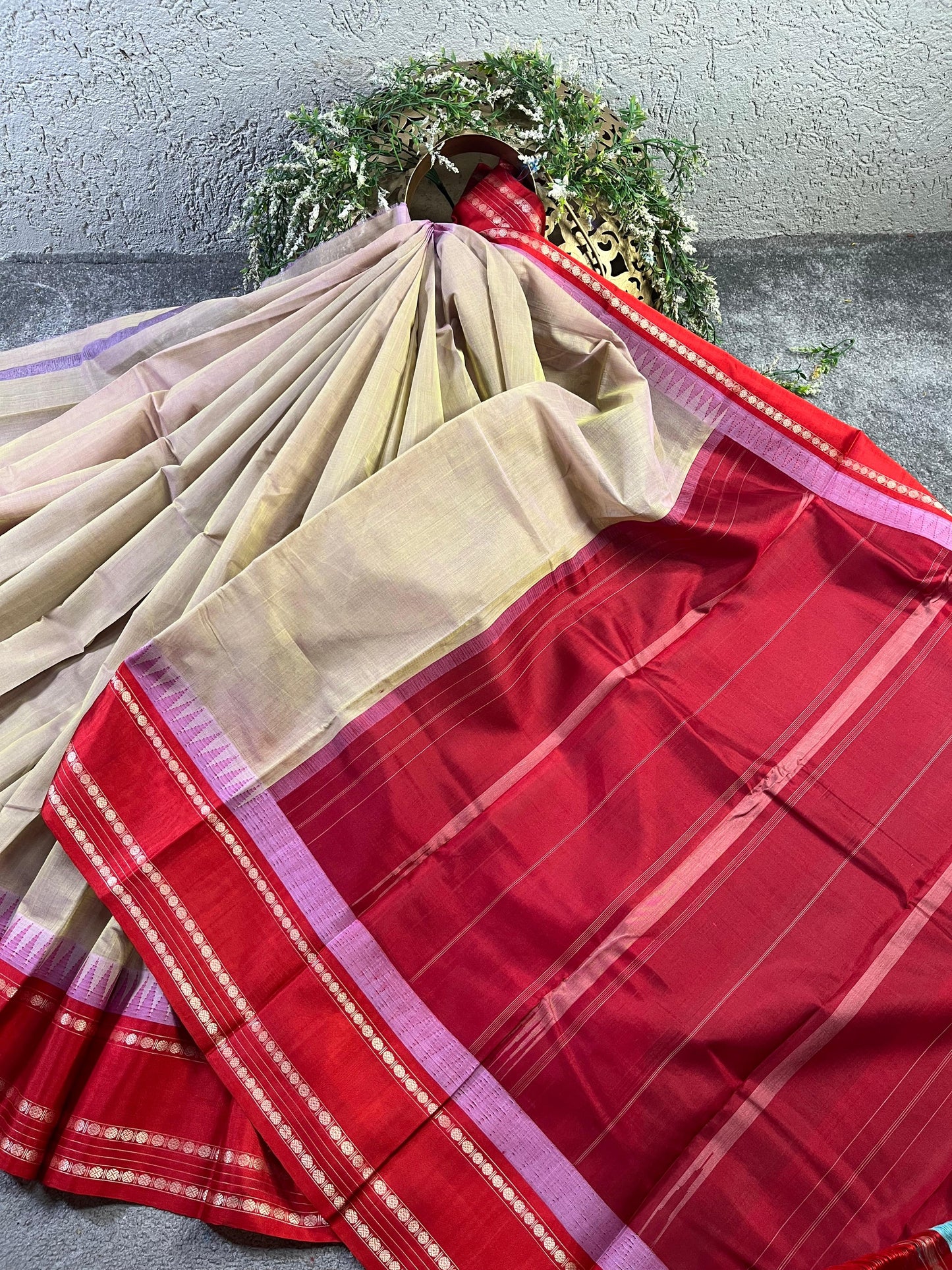 BEIGE COTTON PURE HANDLOOM KANJIVARAM SAREE