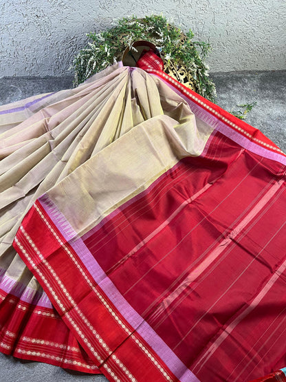 BEIGE COTTON PURE HANDLOOM KANJIVARAM SAREE