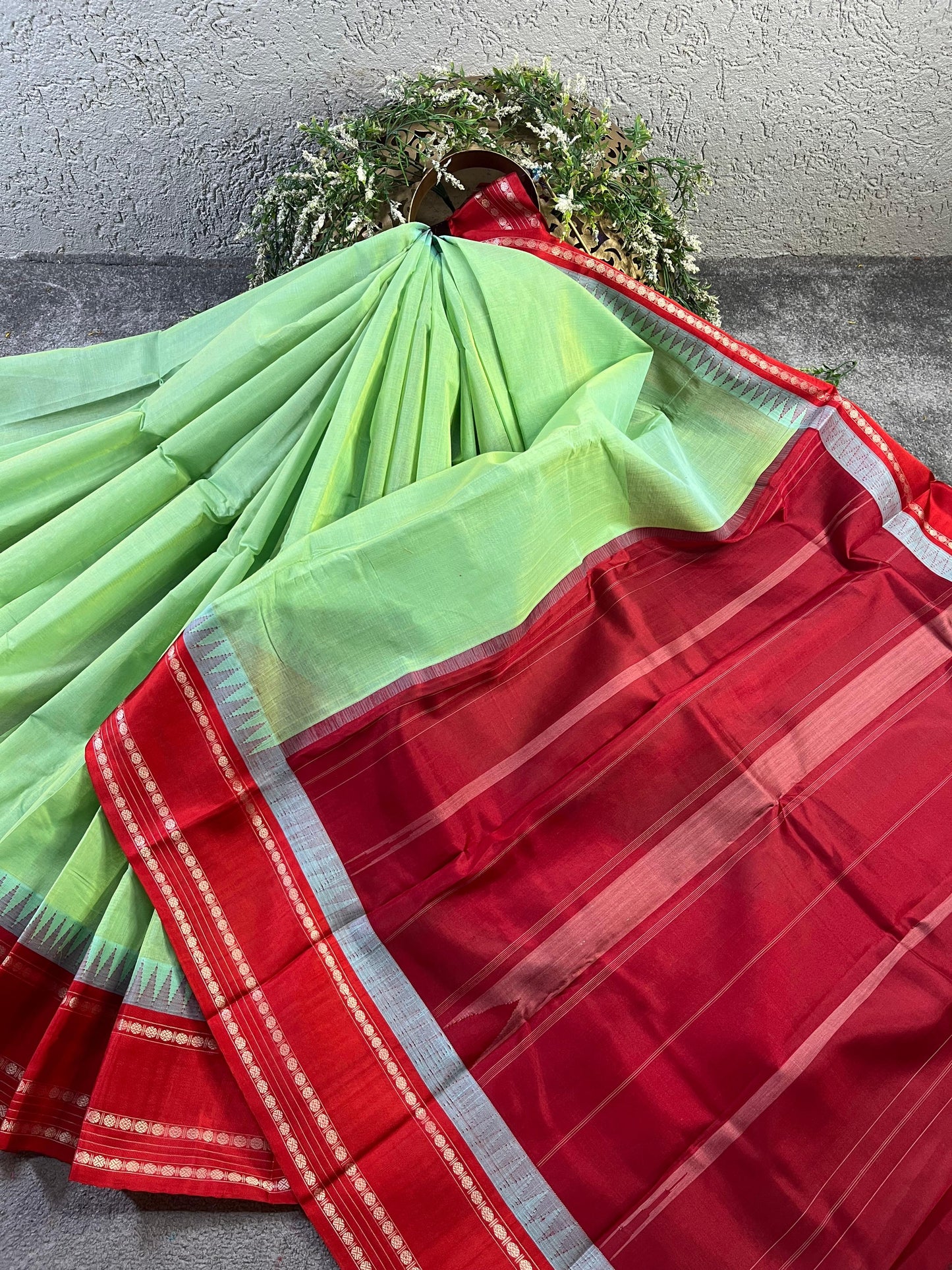 GREEN COTTON PURE HANDLOOM KANJIVARAM SAREE