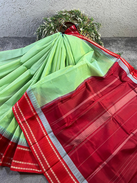 GREEN COTTON PURE HANDLOOM KANJIVARAM SAREE