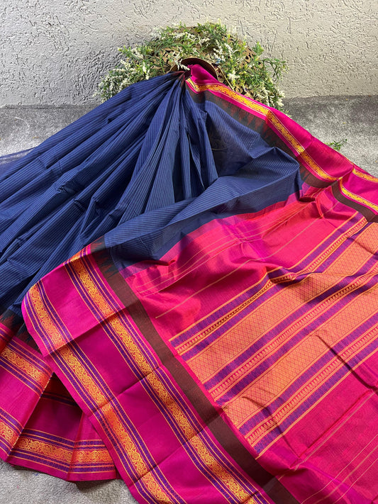 BLUE COTTON PURE HANDLOOM KANJIVARAM SAREE