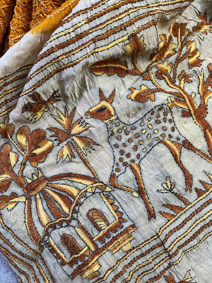 TURMERIC YELLOW TASSAR PURE HANDLOOM BANDHEJ SAREE