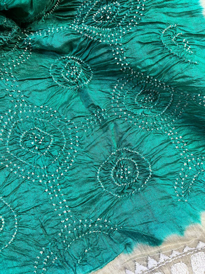 SEA GREEN TASSAR PURE HANDLOOM BANDHEJ SAREE