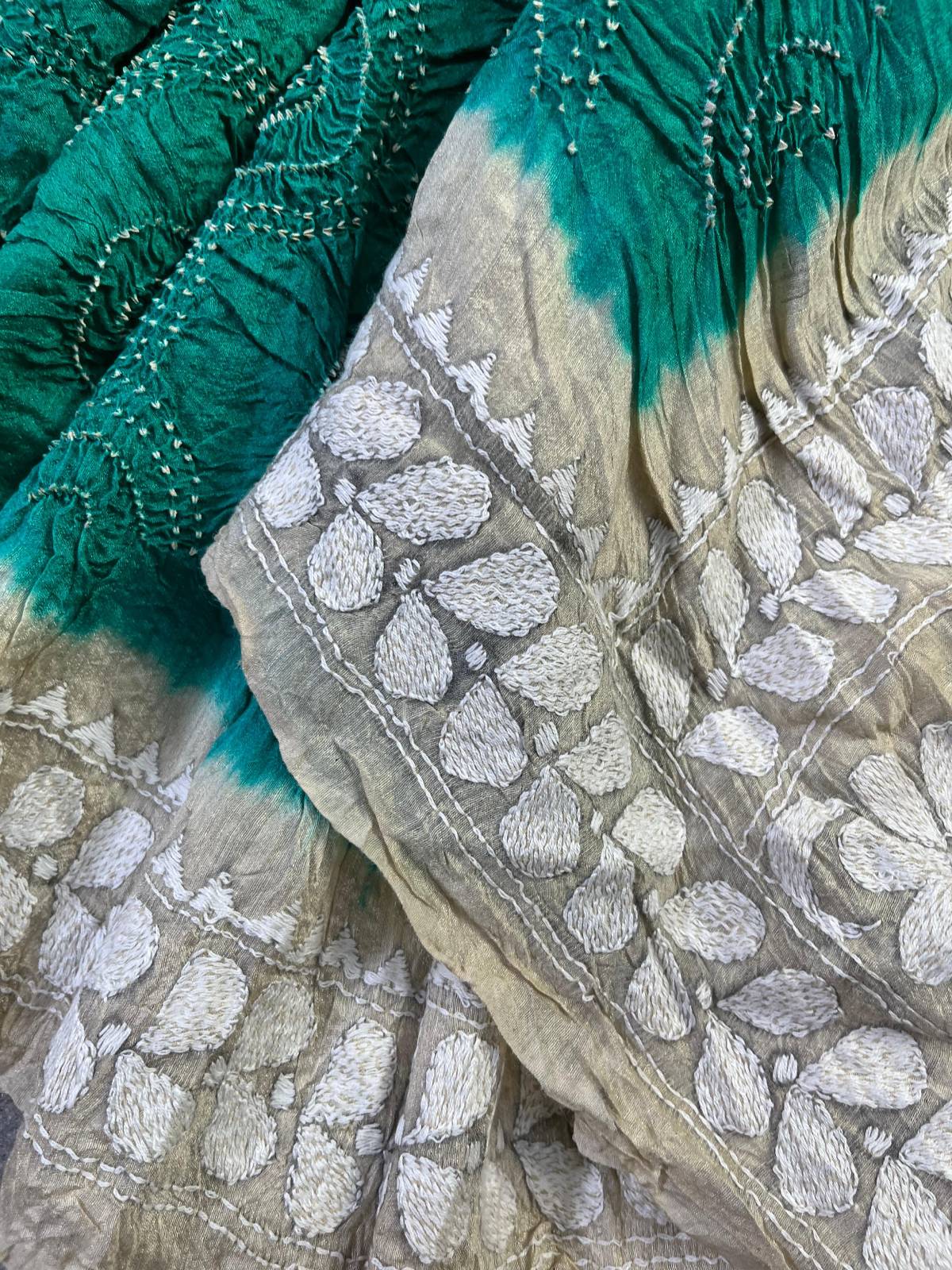 SEA GREEN TASSAR PURE HANDLOOM BANDHEJ SAREE