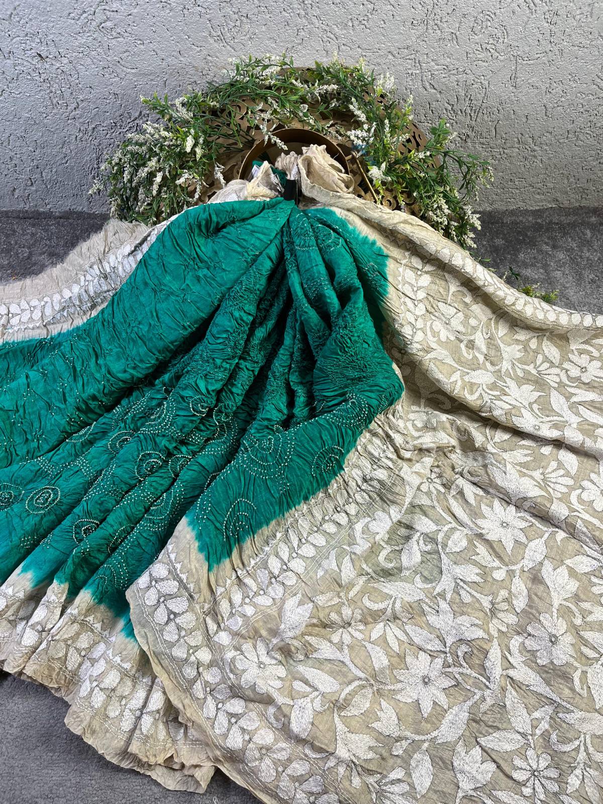 SEA GREEN TASSAR PURE HANDLOOM BANDHEJ SAREE