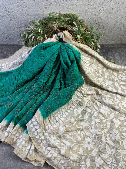 SEA GREEN TASSAR PURE HANDLOOM BANDHEJ SAREE