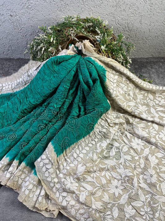 SEA GREEN TASSAR PURE HANDLOOM BANDHEJ SAREE