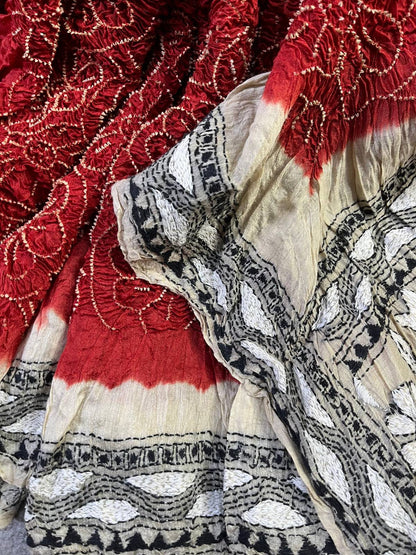 RED TASSAR PURE HANDLOOM BANDHEJ SAREE