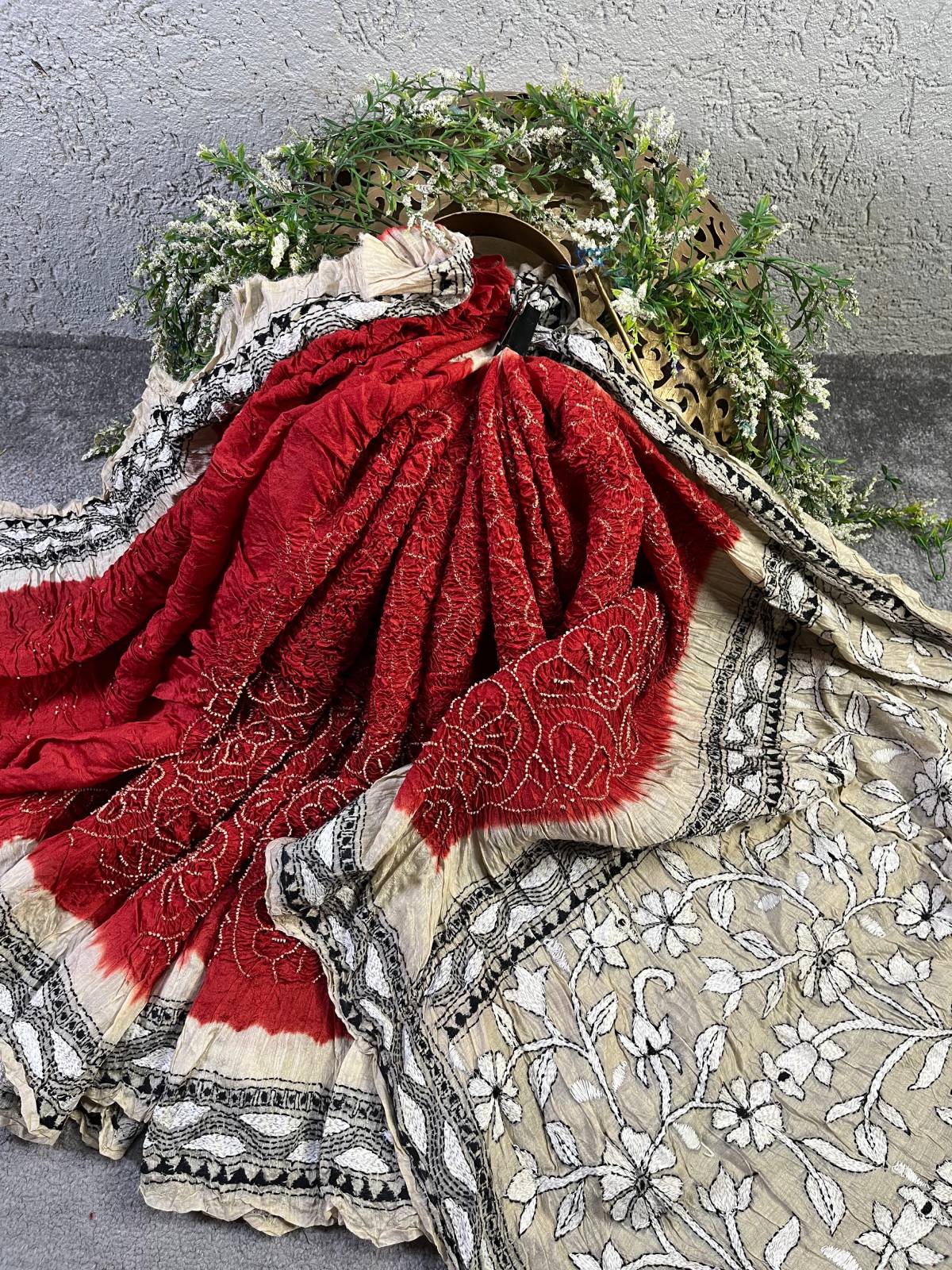 RED TASSAR PURE HANDLOOM BANDHEJ SAREE