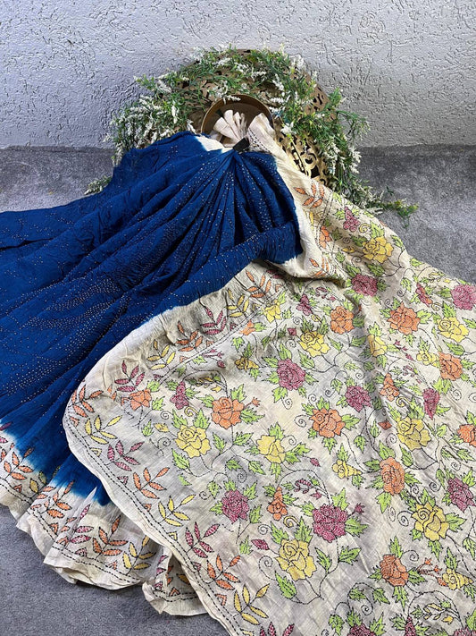 BLUE TASSAR PURE HANDLOOM BANDHEJ SAREE