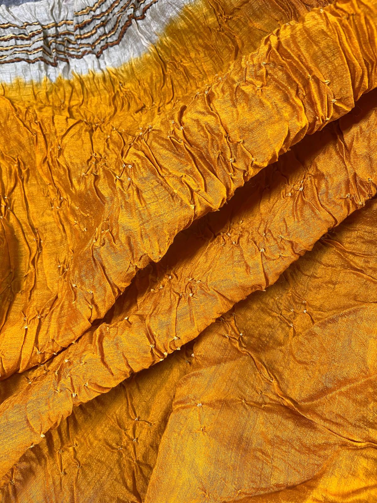 TURMERIC YELLOW TASSAR PURE HANDLOOM BANDHEJ SAREE
