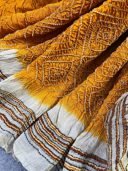 TURMERIC YELLOW TASSAR PURE HANDLOOM BANDHEJ SAREE