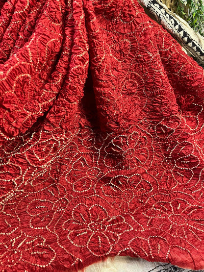 RED TASSAR PURE HANDLOOM BANDHEJ SAREE