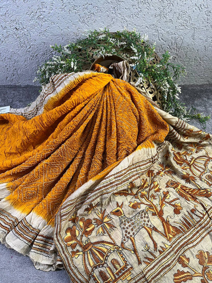 TURMERIC YELLOW TASSAR PURE HANDLOOM BANDHEJ SAREE
