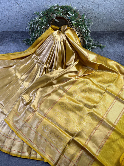 YELLOW KATAN TISSUE PURE HANDLOOM BANARASI SAREE