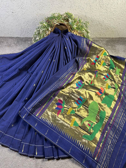 MIDNIGHT BLUE PURE HANDLOOM COTTON PAITHANI SAREE