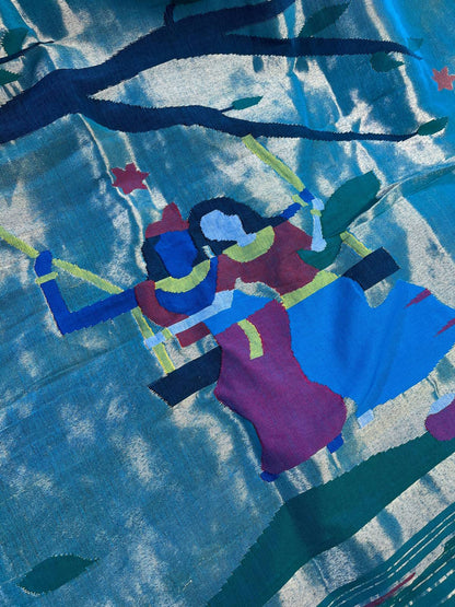 TURQUOISE BLUE PURE HANDLOOM COTTON PAITHANI SAREE