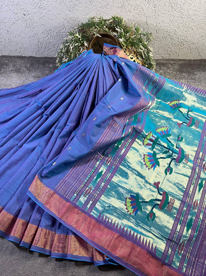 BLUE PINK PURE HANDLOOM COTTON PAITHANI SAREE