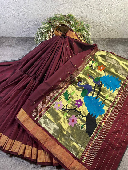 DARK WINE PURE HANDLOOM COTTON PAITHANI SAREE