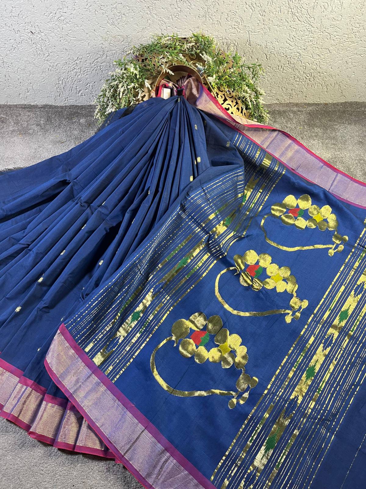 MIDNIGHT BLUE PURE HANDLOOM COTTON PAITHANI SAREE