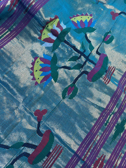 BLUE PINK PURE HANDLOOM COTTON PAITHANI SAREE