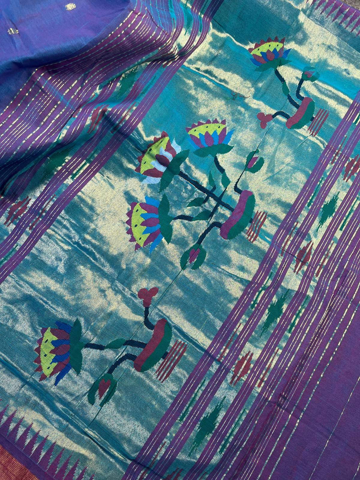 BLUE PINK PURE HANDLOOM COTTON PAITHANI SAREE