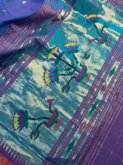 BLUE PINK PURE HANDLOOM COTTON PAITHANI SAREE