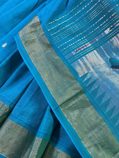 TURQUOISE BLUE PURE HANDLOOM COTTON PAITHANI SAREE