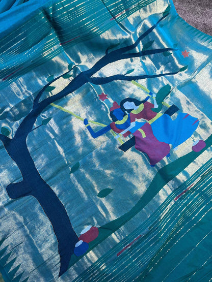 TURQUOISE BLUE PURE HANDLOOM COTTON PAITHANI SAREE