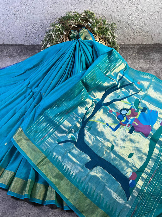 TURQUOISE BLUE PURE HANDLOOM COTTON PAITHANI SAREE