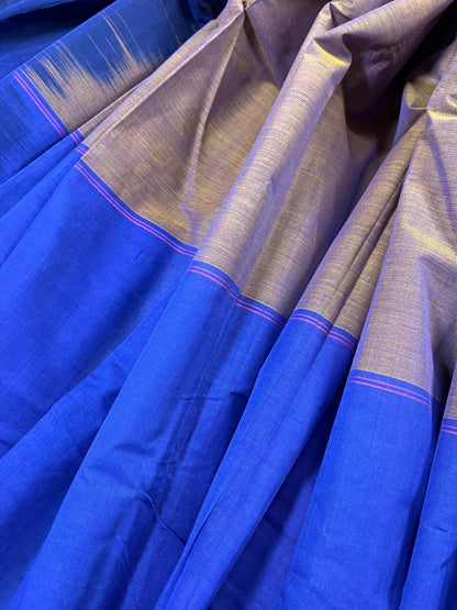 BLUE BROWN AND PINK COTTON PURE HANDLOOM KANJIVARAM SAREE
