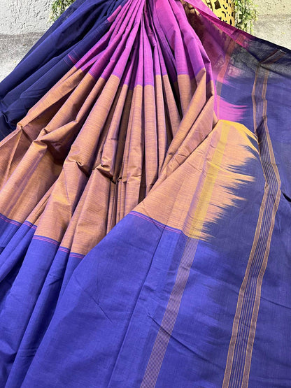 BLUE BROWN AND PINK COTTON PURE HANDLOOM KANJIVARAM SAREE