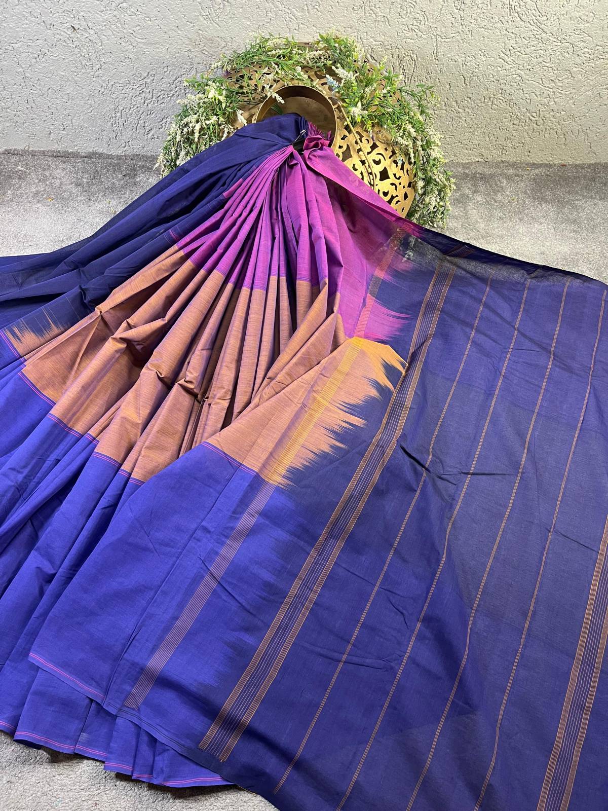 BLUE BROWN AND PINK COTTON PURE HANDLOOM KANJIVARAM SAREE