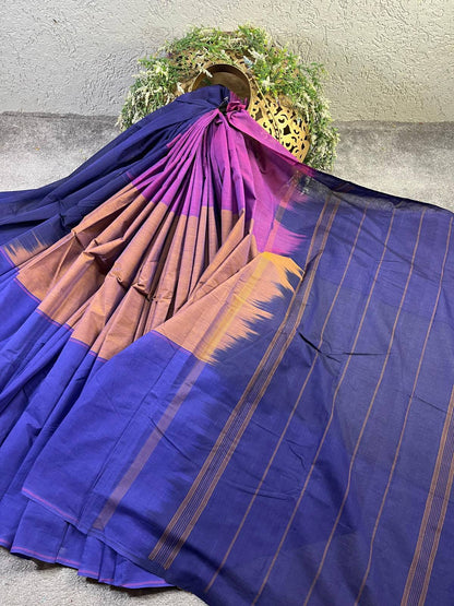 BLUE BROWN AND PINK COTTON PURE HANDLOOM KANJIVARAM SAREE