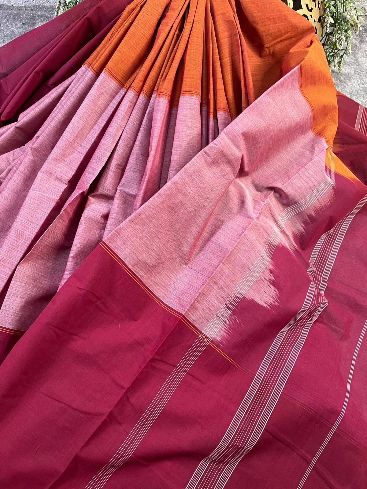 PINK RED ORANGE COTTON PURE HANDLOOM KANJIVARAM SAREE