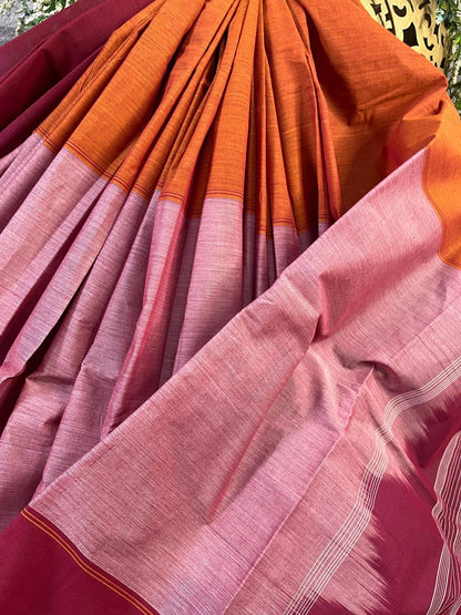 PINK RED ORANGE COTTON PURE HANDLOOM KANJIVARAM SAREE