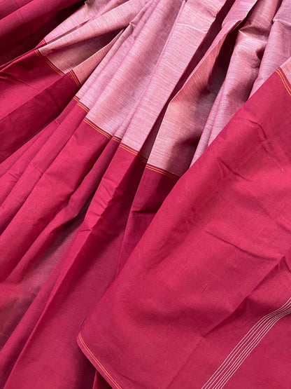 PINK RED ORANGE COTTON PURE HANDLOOM KANJIVARAM SAREE